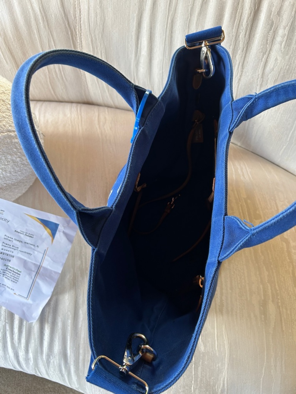 Prada Blue Canvas Tote with White Logo Large w COA - Picture 4 of 10